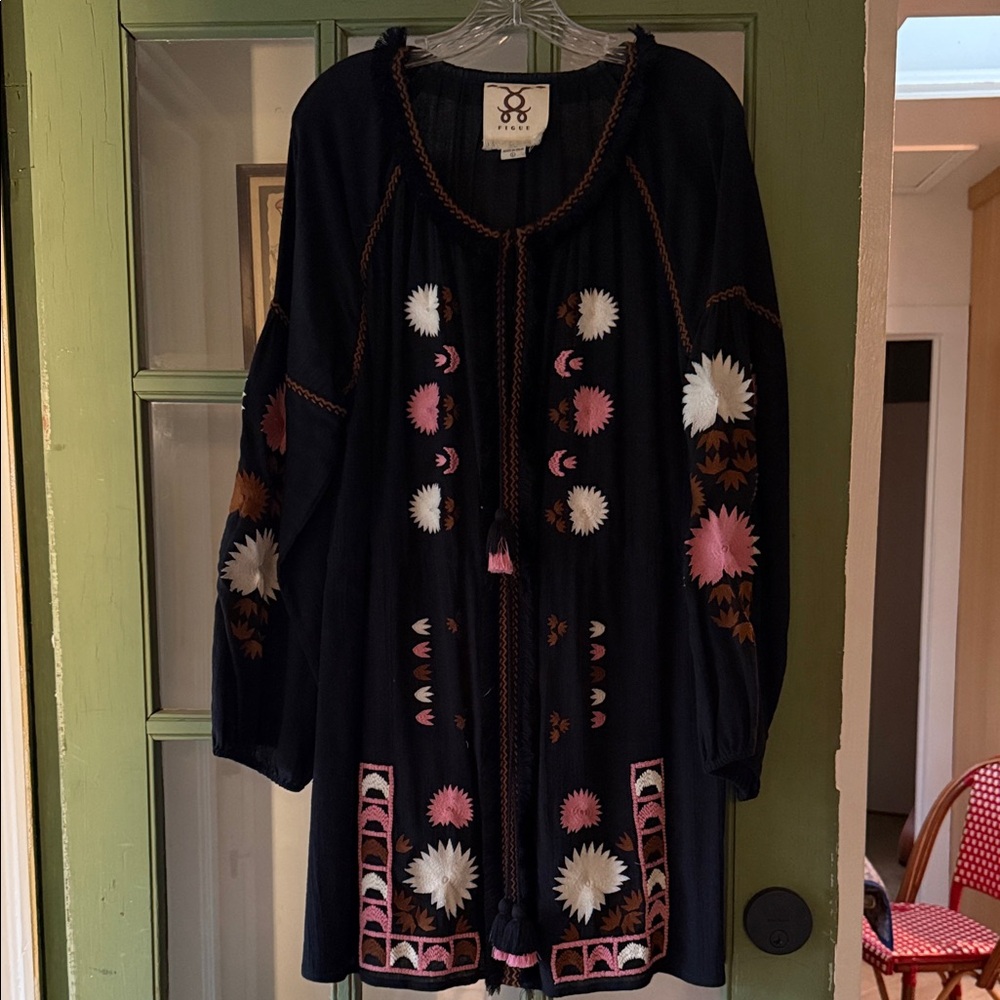 FIGUE Black Embroidered Tunic with Pink,White, and brown Accents size Large